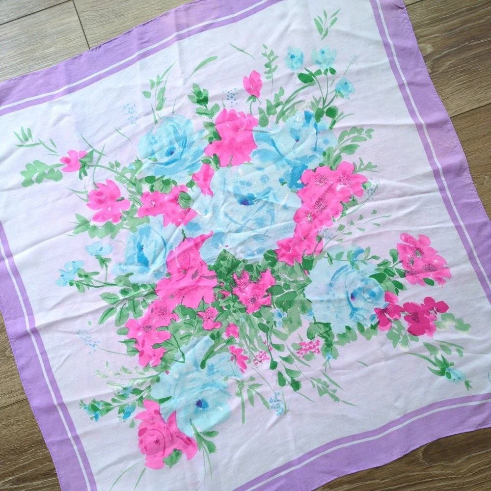 Vtg 60s/70s Vera Neumann Floral Silk Scarf Purple Pink Blue Roses Sheer Square